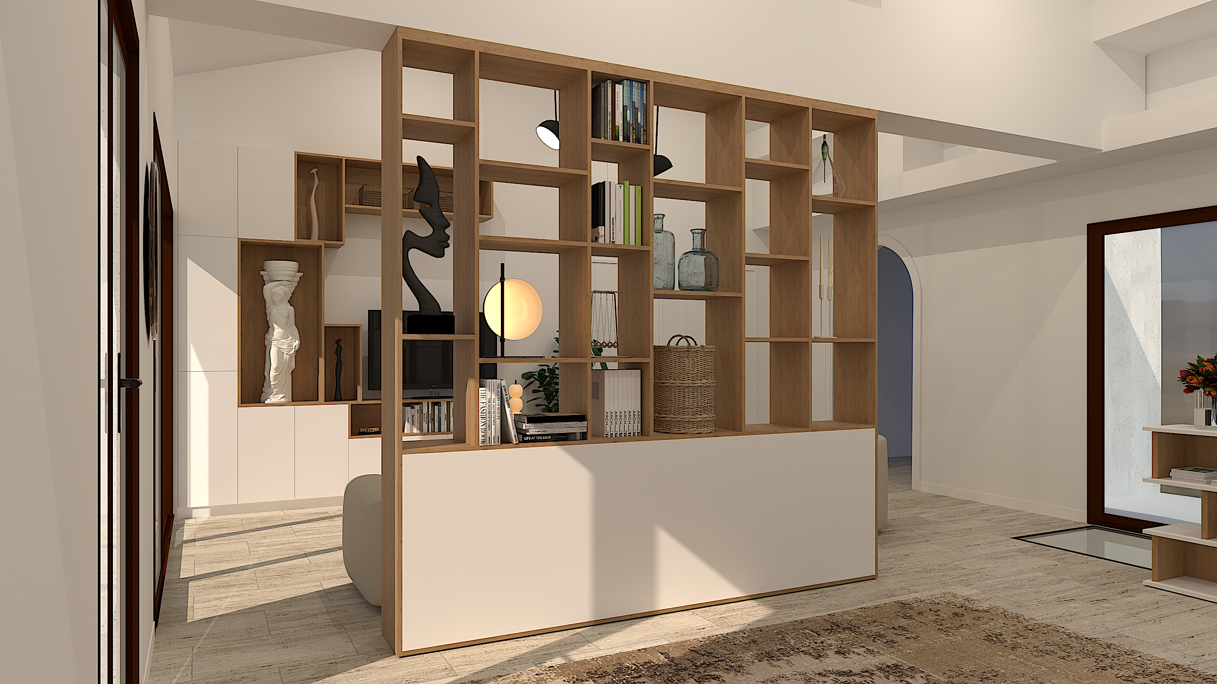 Une bibliothèque intégrée pour structurer l’espace du salon avec élégance