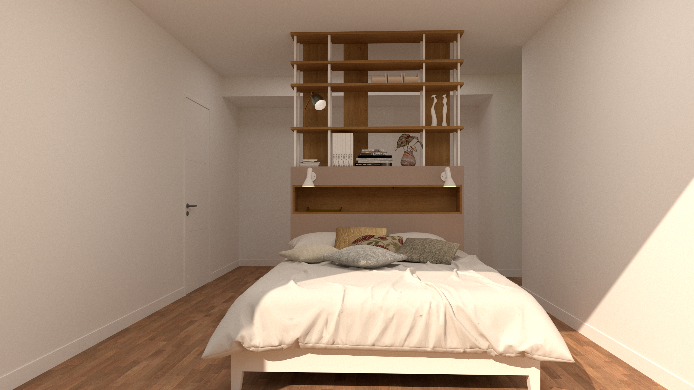 Tête de lit en chêne massif avec bibliothèque intégrée sur mesure, projet à Ceyreste